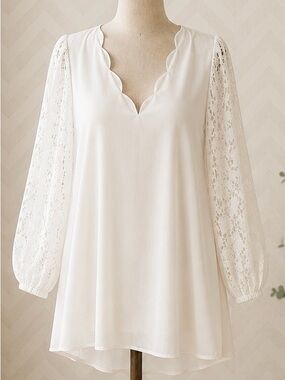 Cupshe White Lace Sleeve Scalloped V-Neck Shift Mini Dress Large NWT
